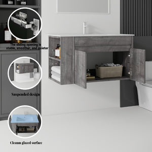 English Elm 36 Inch Floating Bathroom Vanity Plywood Cabinet Integrated Ceramic Sink Soft Close Grey B2775S00067