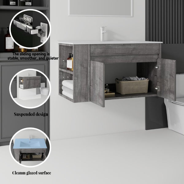 English Elm 36 Inch Floating Bathroom Vanity Plywood Cabinet Integrated Ceramic Sink Soft Close Grey B2775S00067