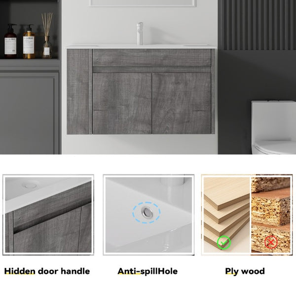 English Elm 36 Inch Floating Bathroom Vanity Plywood Cabinet Integrated Ceramic Sink Soft Close Grey B2775S00067