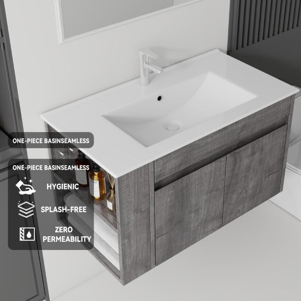 English Elm 36 Inch Floating Bathroom Vanity Plywood Cabinet Integrated Ceramic Sink Soft Close Grey B2775S00067