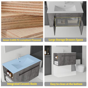 English Elm 36 Inch Floating Bathroom Vanity Plywood Cabinet Integrated Ceramic Sink Soft Close Grey B2775S00067