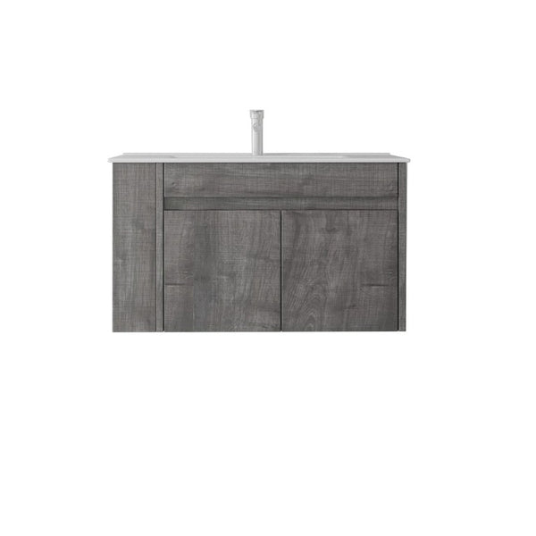 English Elm 36 Inch Floating Bathroom Vanity Plywood Cabinet Integrated Ceramic Sink Soft Close Grey B2775S00067