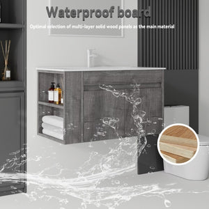 English Elm 36 Inch Floating Bathroom Vanity Plywood Cabinet Integrated Ceramic Sink Soft Close Grey B2775S00067