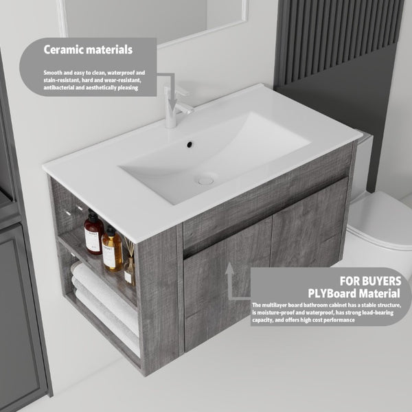 English Elm 36 Inch Floating Bathroom Vanity Plywood Cabinet Integrated Ceramic Sink Soft Close Grey B2775S00067