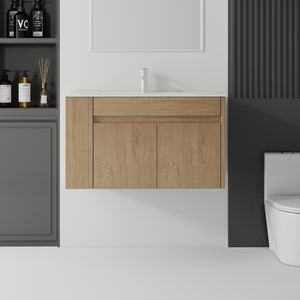 English Elm 36 Inch Floating Bathroom Vanity Plywood Cabinet Integrated Ceramic Sink Soft Close Oak B2775S00068