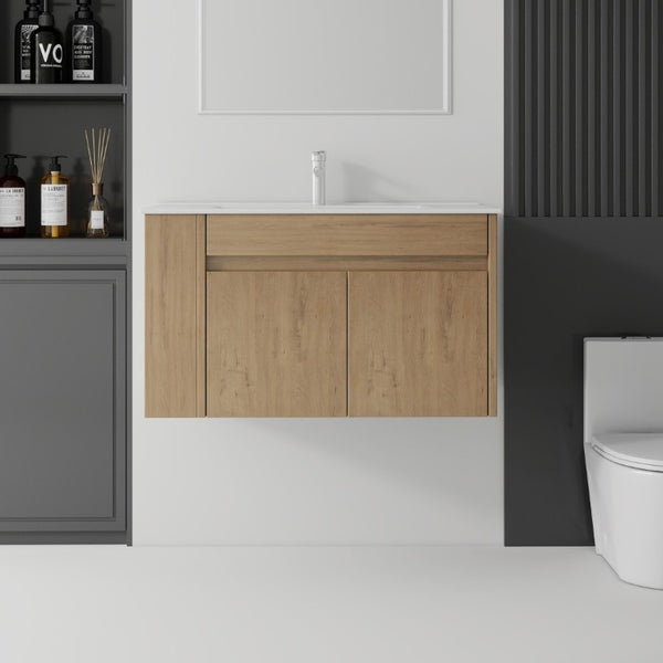 English Elm 36 Inch Floating Bathroom Vanity Plywood Cabinet Integrated Ceramic Sink Soft Close Oak B2775S00068