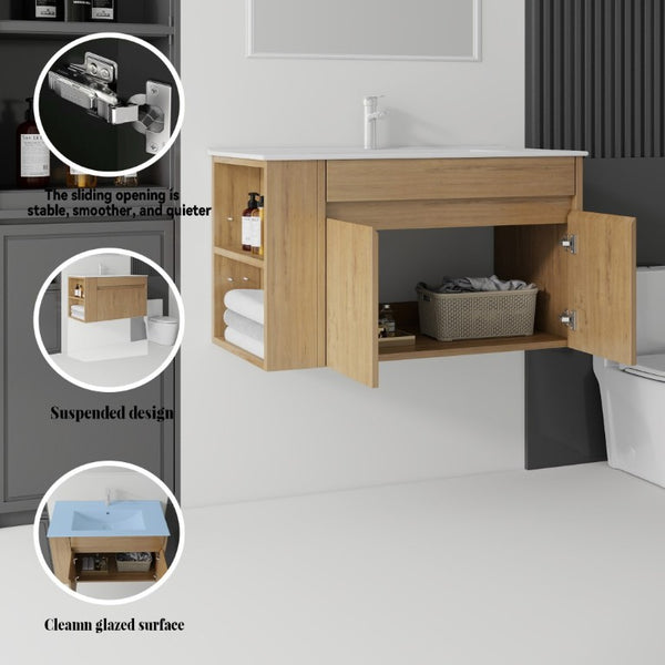 English Elm 36 Inch Floating Bathroom Vanity Plywood Cabinet Integrated Ceramic Sink Soft Close Oak B2775S00068