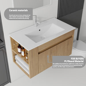 English Elm 36 Inch Floating Bathroom Vanity Plywood Cabinet Integrated Ceramic Sink Soft Close Oak B2775S00068