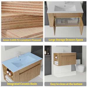 English Elm 36 Inch Floating Bathroom Vanity Plywood Cabinet Integrated Ceramic Sink Soft Close Oak B2775S00068