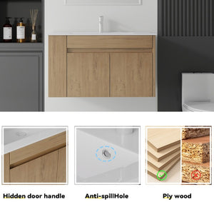 English Elm 36 Inch Floating Bathroom Vanity Plywood Cabinet Integrated Ceramic Sink Soft Close Oak B2775S00068