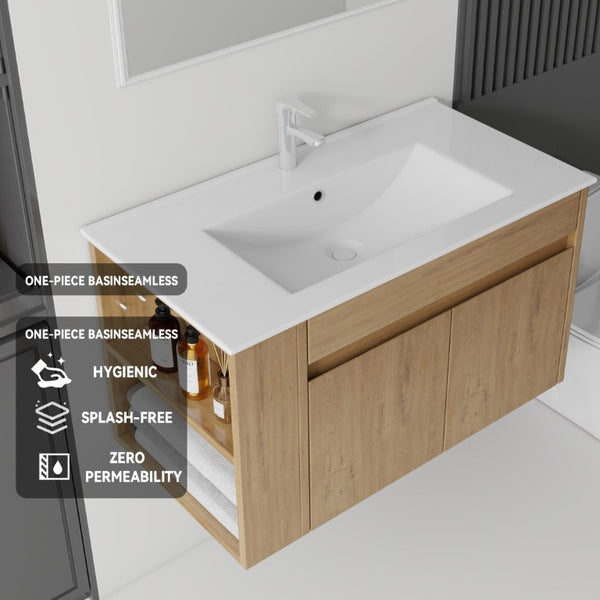 English Elm 36 Inch Floating Bathroom Vanity Plywood Cabinet Integrated Ceramic Sink Soft Close Oak B2775S00068