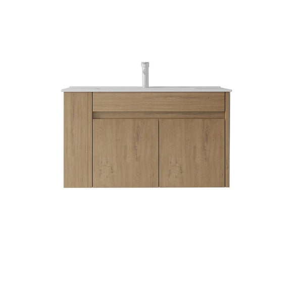 English Elm 36 Inch Floating Bathroom Vanity Plywood Cabinet Integrated Ceramic Sink Soft Close Oak B2775S00068