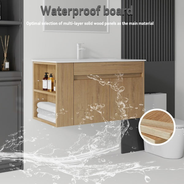English Elm 36 Inch Floating Bathroom Vanity Plywood Cabinet Integrated Ceramic Sink Soft Close Oak B2775S00068
