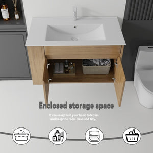 English Elm 36 Inch Floating Bathroom Vanity Plywood Cabinet Integrated Ceramic Sink Soft Close Oak B2775S00068