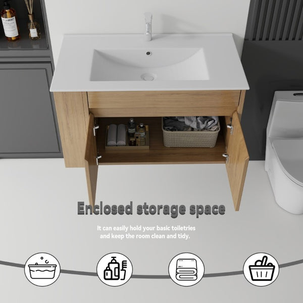 English Elm 36 Inch Floating Bathroom Vanity Plywood Cabinet Integrated Ceramic Sink Soft Close Oak B2775S00068