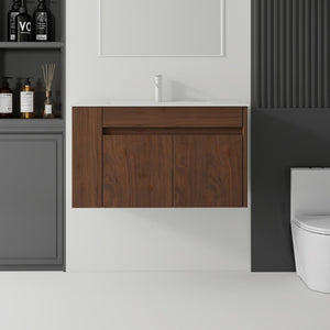 English Elm 36 Inch Floating Bathroom Vanity Plywood Cabinet Integrated Ceramic Sink Soft Close Brown B2775S00069
