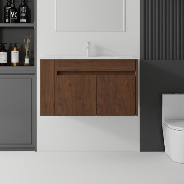 English Elm 36 Inch Floating Bathroom Vanity Plywood Cabinet Integrated Ceramic Sink Soft Close Brown B2775S00069