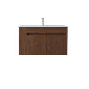 English Elm 36 Inch Floating Bathroom Vanity Plywood Cabinet Integrated Ceramic Sink Soft Close Brown B2775S00069