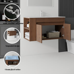 English Elm 36 Inch Floating Bathroom Vanity Plywood Cabinet Integrated Ceramic Sink Soft Close Brown B2775S00069
