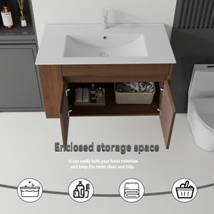 English Elm 36 Inch Floating Bathroom Vanity Plywood Cabinet Integrated Ceramic Sink Soft Close Brown B2775S00069