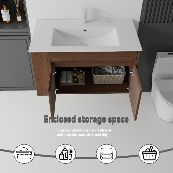 English Elm 36 Inch Floating Bathroom Vanity Plywood Cabinet Integrated Ceramic Sink Soft Close Brown B2775S00069