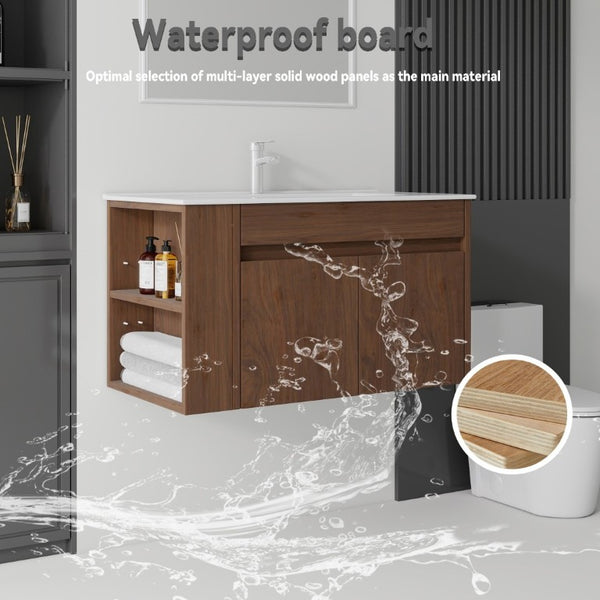 English Elm 36 Inch Floating Bathroom Vanity Plywood Cabinet Integrated Ceramic Sink Soft Close Brown B2775S00069
