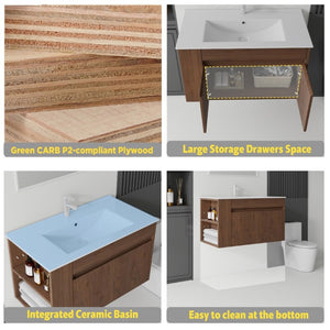 English Elm 36 Inch Floating Bathroom Vanity Plywood Cabinet Integrated Ceramic Sink Soft Close Brown B2775S00069