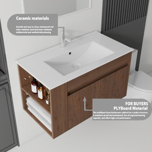 English Elm 36 Inch Floating Bathroom Vanity Plywood Cabinet Integrated Ceramic Sink Soft Close Brown B2775S00069