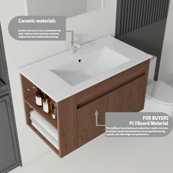 English Elm 36 Inch Floating Bathroom Vanity Plywood Cabinet Integrated Ceramic Sink Soft Close Brown B2775S00069