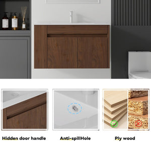 English Elm 36 Inch Floating Bathroom Vanity Plywood Cabinet Integrated Ceramic Sink Soft Close Brown B2775S00069