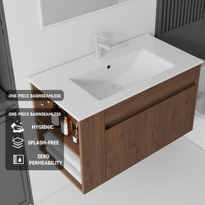 English Elm 36 Inch Floating Bathroom Vanity Plywood Cabinet Integrated Ceramic Sink Soft Close Brown B2775S00069