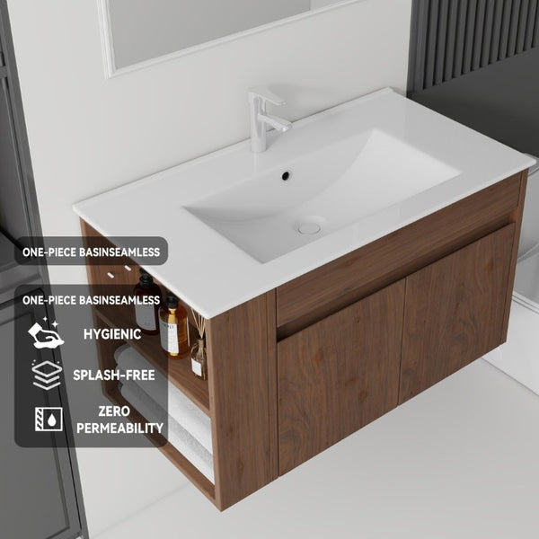English Elm 36 Inch Floating Bathroom Vanity Plywood Cabinet Integrated Ceramic Sink Soft Close Brown B2775S00069