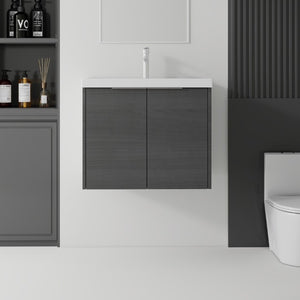 English Elm 24 Inch Floating Bathroom Vanity Glossy Ceramic Sink Plywood Soft Close Cabinet Grey - B B2775S00070