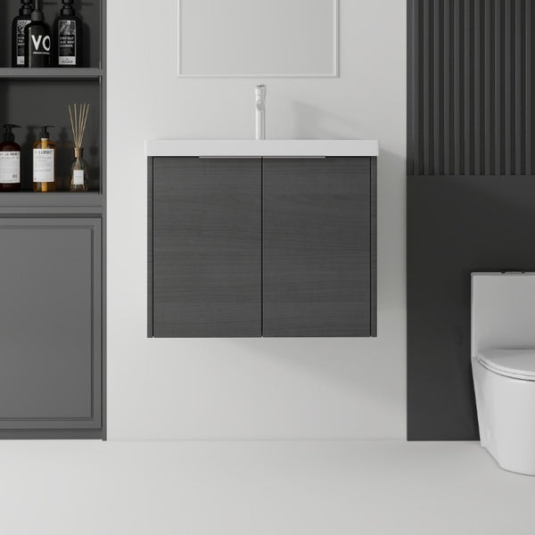 English Elm 24 Inch Floating Bathroom Vanity Glossy Ceramic Sink Plywood Soft Close Cabinet Grey - B B2775S00070