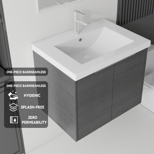 English Elm 24 Inch Floating Bathroom Vanity Glossy Ceramic Sink Plywood Soft Close Cabinet Grey - B B2775S00070