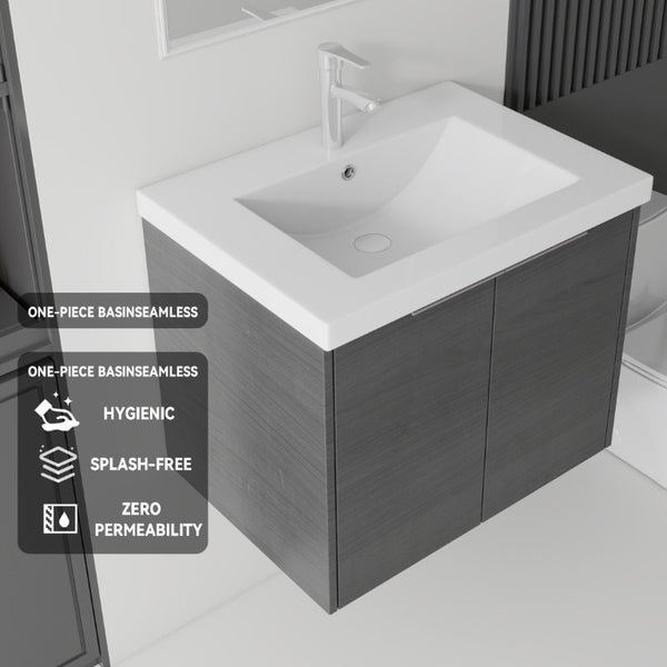 English Elm 24 Inch Floating Bathroom Vanity Glossy Ceramic Sink Plywood Soft Close Cabinet Grey - B B2775S00070