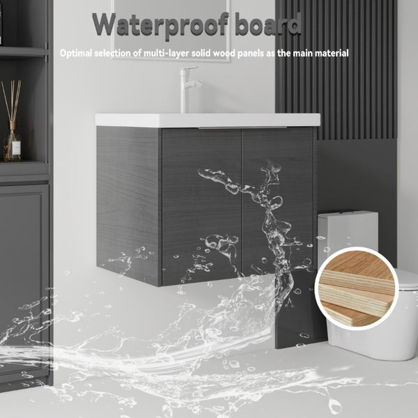 English Elm 24 Inch Floating Bathroom Vanity Glossy Ceramic Sink Plywood Soft Close Cabinet Grey - B B2775S00070