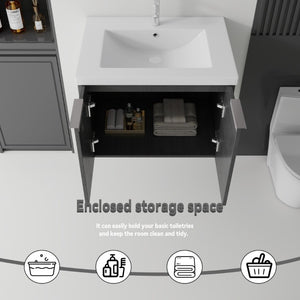 English Elm 24 Inch Floating Bathroom Vanity Glossy Ceramic Sink Plywood Soft Close Cabinet Grey - B B2775S00070
