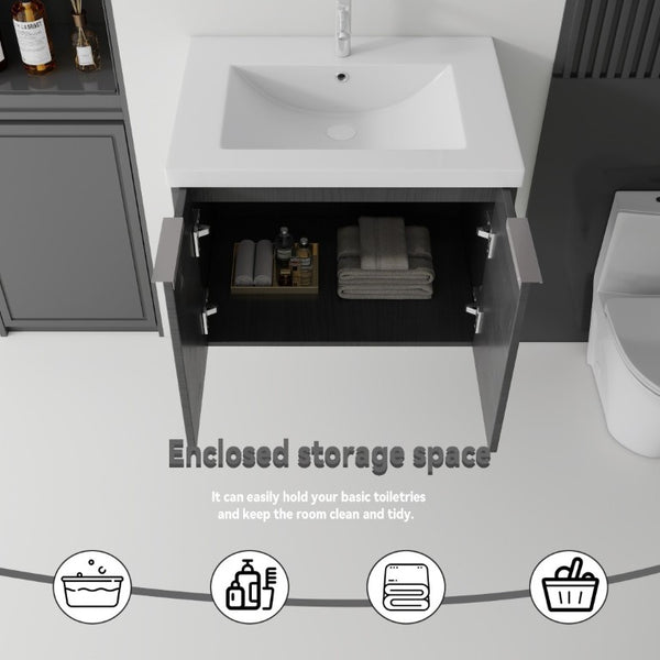 English Elm 24 Inch Floating Bathroom Vanity Glossy Ceramic Sink Plywood Soft Close Cabinet Grey - B B2775S00070