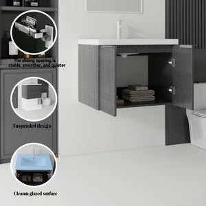English Elm 24 Inch Floating Bathroom Vanity Glossy Ceramic Sink Plywood Soft Close Cabinet Grey - B B2775S00070