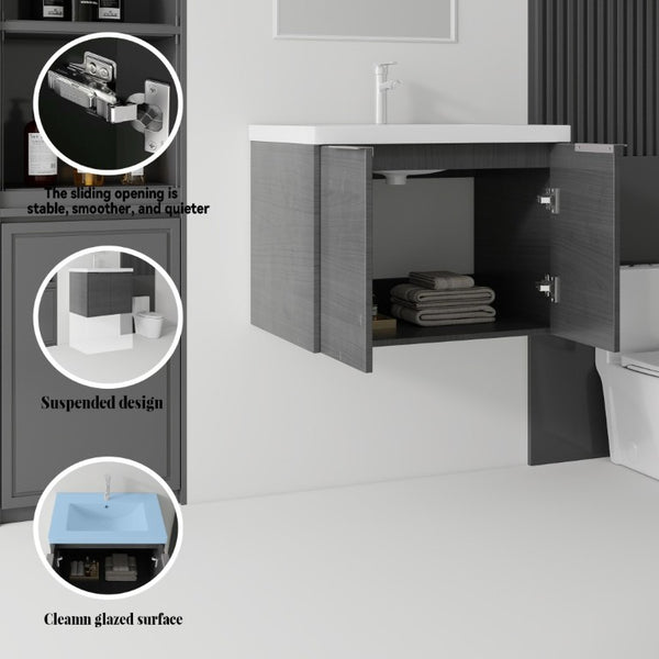 English Elm 24 Inch Floating Bathroom Vanity Glossy Ceramic Sink Plywood Soft Close Cabinet Grey - B B2775S00070
