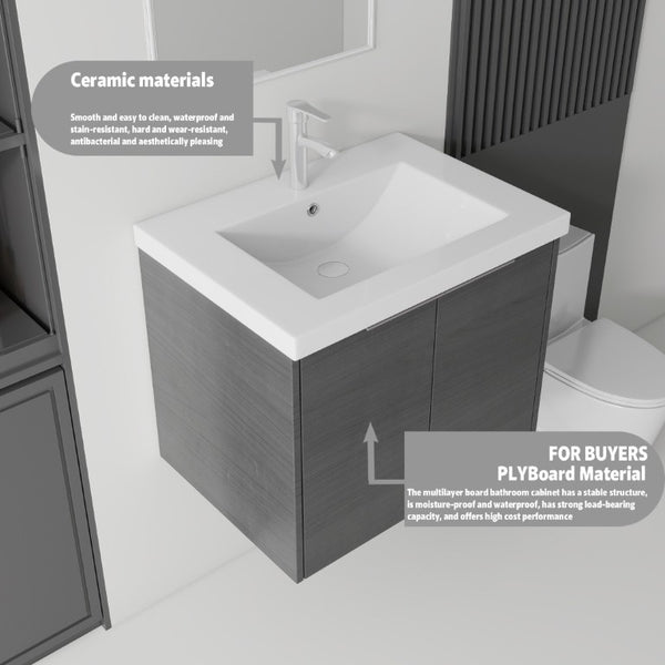 English Elm 24 Inch Floating Bathroom Vanity Glossy Ceramic Sink Plywood Soft Close Cabinet Grey - B B2775S00070