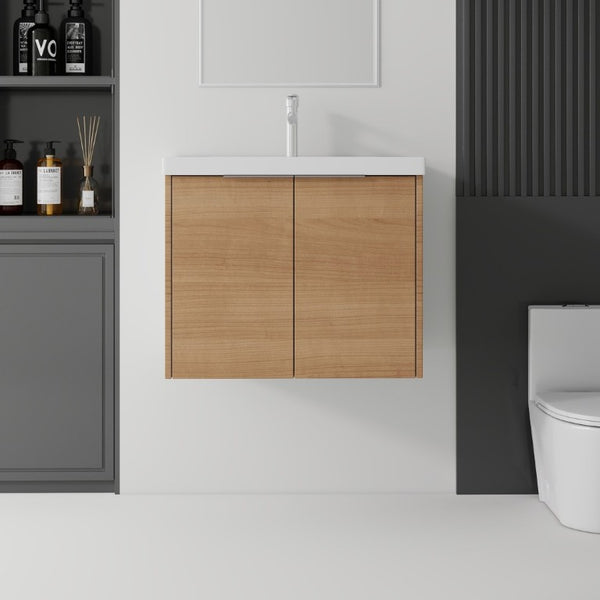 English Elm 24 Inch Floating Bathroom Vanity Glossy Ceramic Sink Plywood Soft Close Cabinet Oak - B B2775S00071