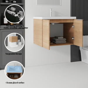 English Elm 24 Inch Floating Bathroom Vanity Glossy Ceramic Sink Plywood Soft Close Cabinet Oak - B B2775S00071