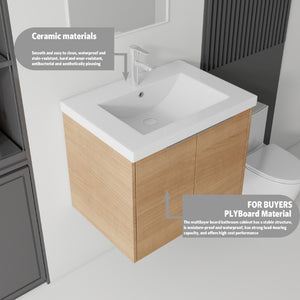 English Elm 24 Inch Floating Bathroom Vanity Glossy Ceramic Sink Plywood Soft Close Cabinet Oak - B B2775S00071
