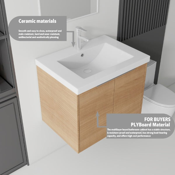 English Elm 24 Inch Floating Bathroom Vanity Glossy Ceramic Sink Plywood Soft Close Cabinet Oak - B B2775S00071