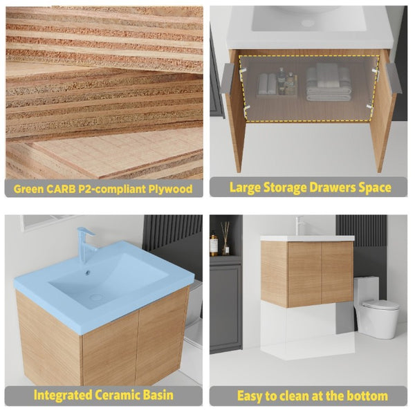 English Elm 24 Inch Floating Bathroom Vanity Glossy Ceramic Sink Plywood Soft Close Cabinet Oak - B B2775S00071