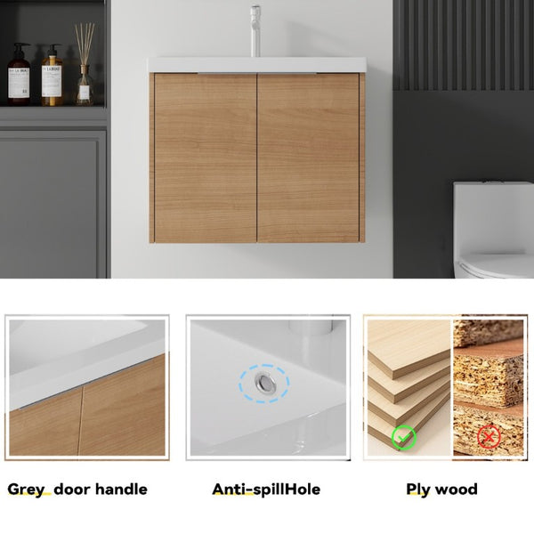 English Elm 24 Inch Floating Bathroom Vanity Glossy Ceramic Sink Plywood Soft Close Cabinet Oak - B B2775S00071