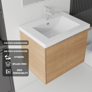 English Elm 24 Inch Floating Bathroom Vanity Glossy Ceramic Sink Plywood Soft Close Cabinet Oak - B B2775S00071