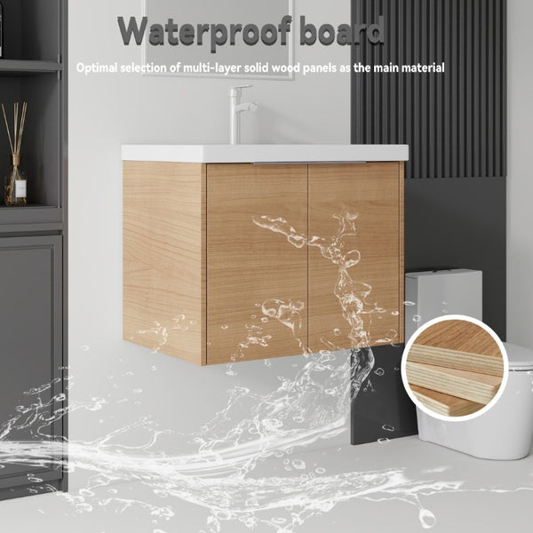 English Elm 24 Inch Floating Bathroom Vanity Glossy Ceramic Sink Plywood Soft Close Cabinet Oak - B B2775S00071